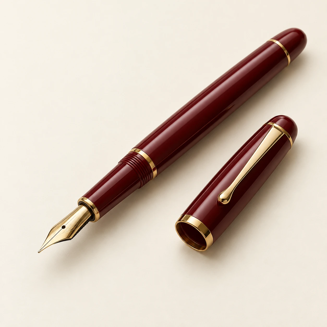 Boardroom Burgundy fountain pen, burgundy finish, uncapped with matching cap