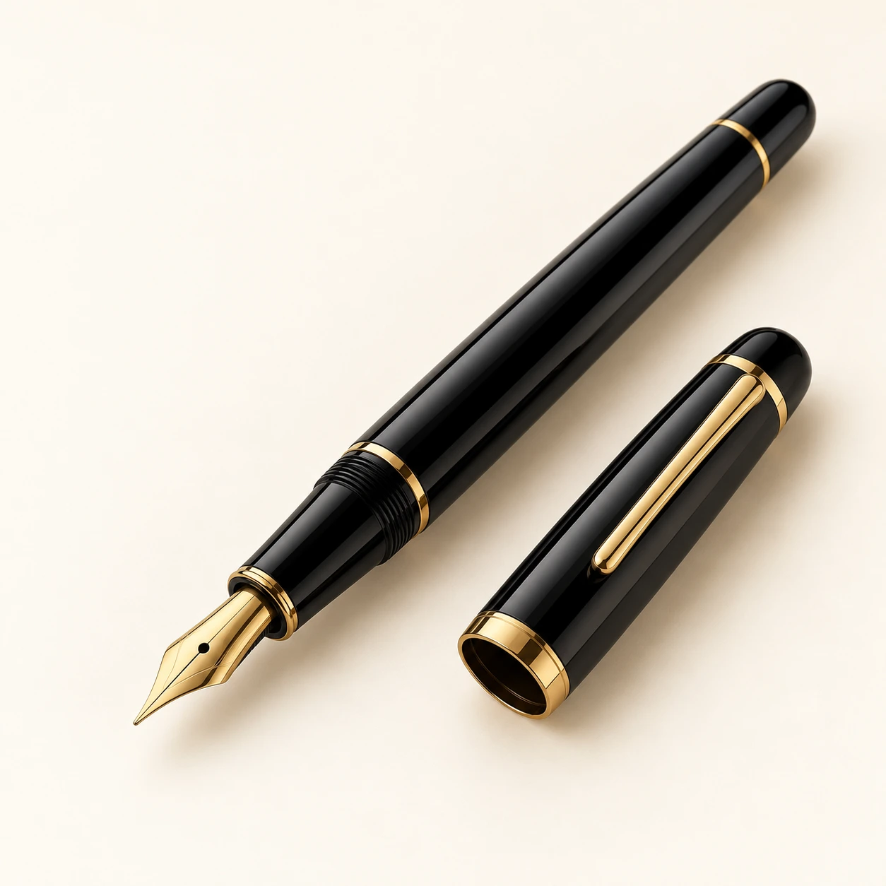 Executive Noir fountain pen, black finish, uncapped with matching cap