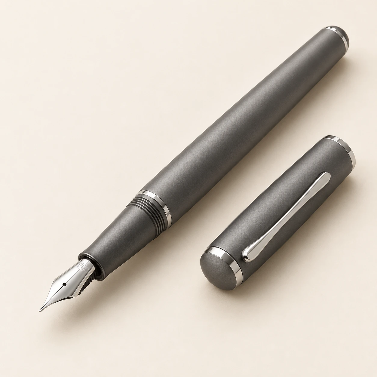 Graphite Form fountain pen, graphite finish, uncapped with matching cap