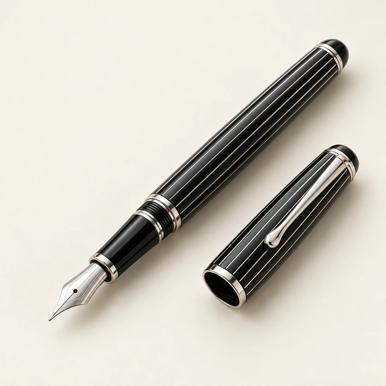 Midnight Pinstripe fountain pen, black finish, uncapped with matching cap