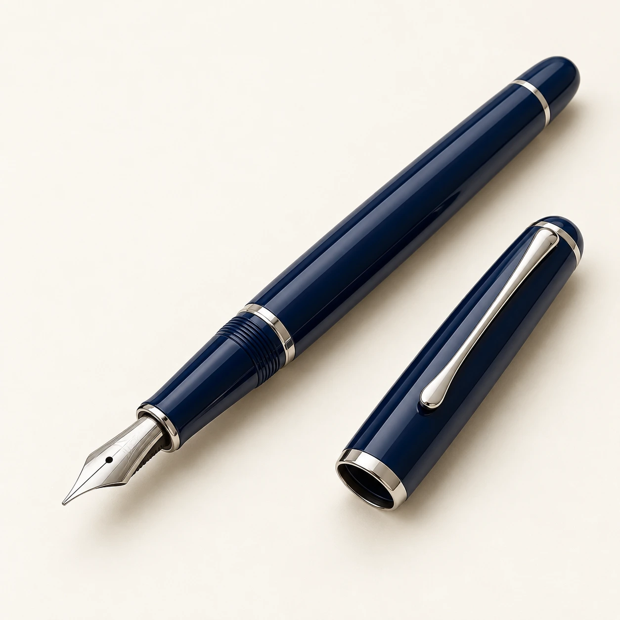 Regent Navy fountain pen, navy finish, uncapped with matching cap